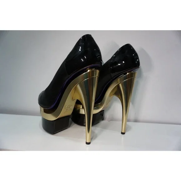 Versace Black Gold Triple Platform Leather Pumps Sky High Heel Shoes 41- RARE